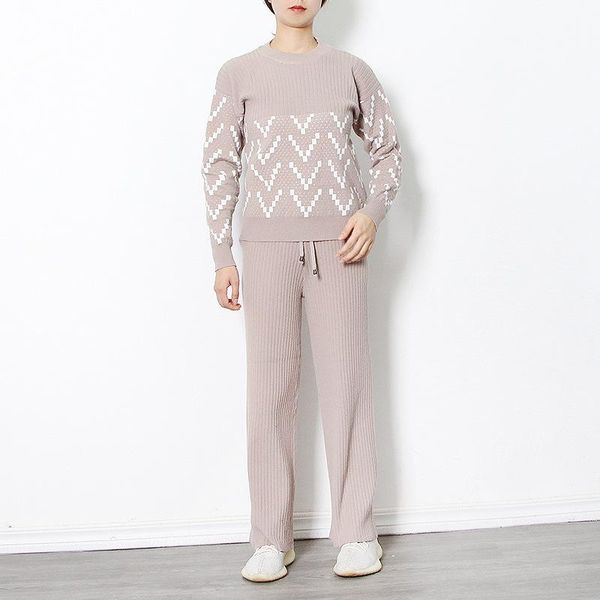 

women's two piece pants 2021 winter fashion temperament casual round-neck printed shirt with high waist thin flared suit women, White