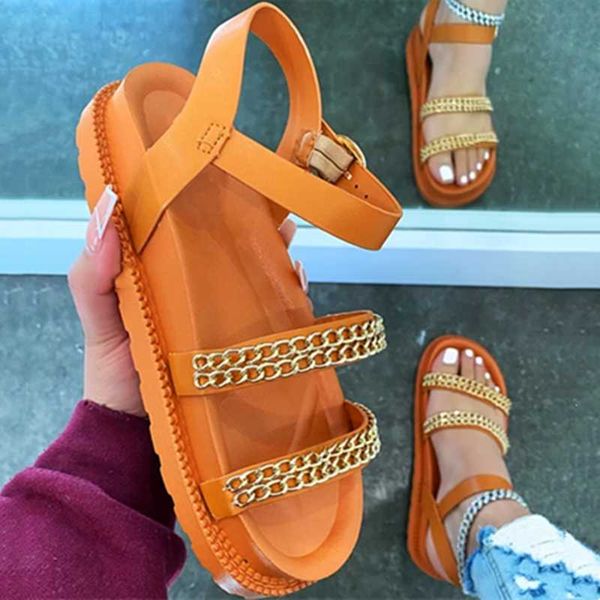 

sandals casual flat women sport fashion metal chain ankle strap gladiators for ladies platform shoes 2021 plus size 43, Black