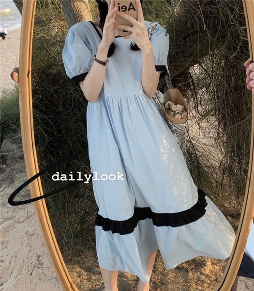 

gentle puff short sleeve hit color square neck dress women summer slim waist temperament preppy style sweet japan vestido 210610, Black;gray