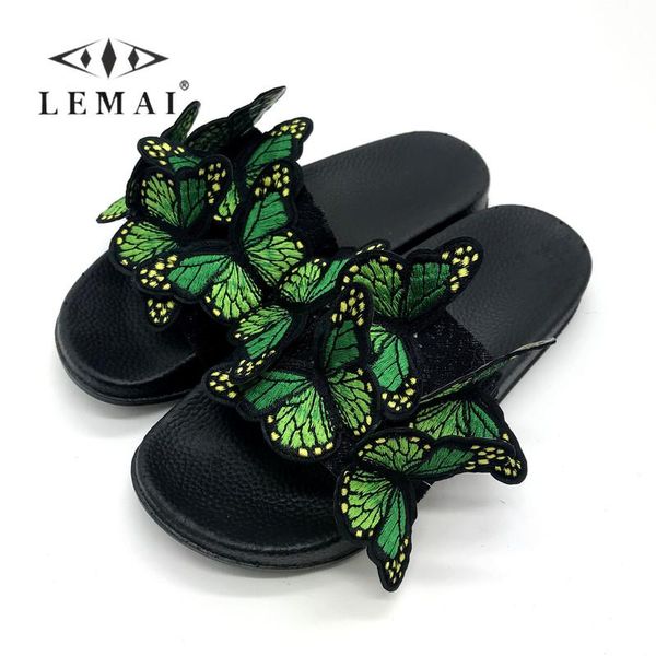 

slippers lemai butterfly flat women fahsion casual embroidery women's slide round toe green 2021, Black