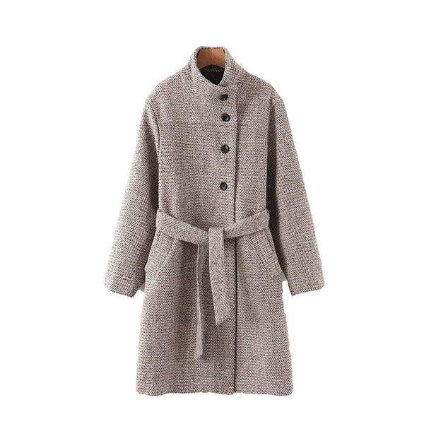 

women's wool & blends women vintage long coat with slashes winter elegant office ladies warm sleeve pockets outwear mulheres casacos, Black