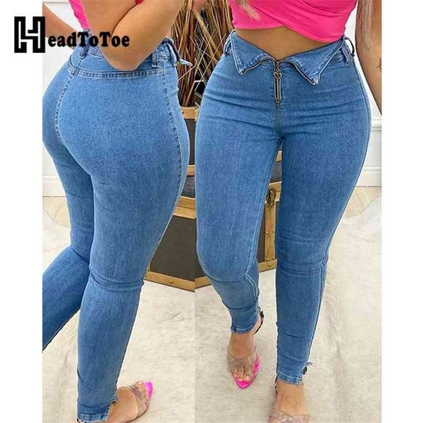 

zipper design high waist skinny jeans women casual denim pants 210924, Blue