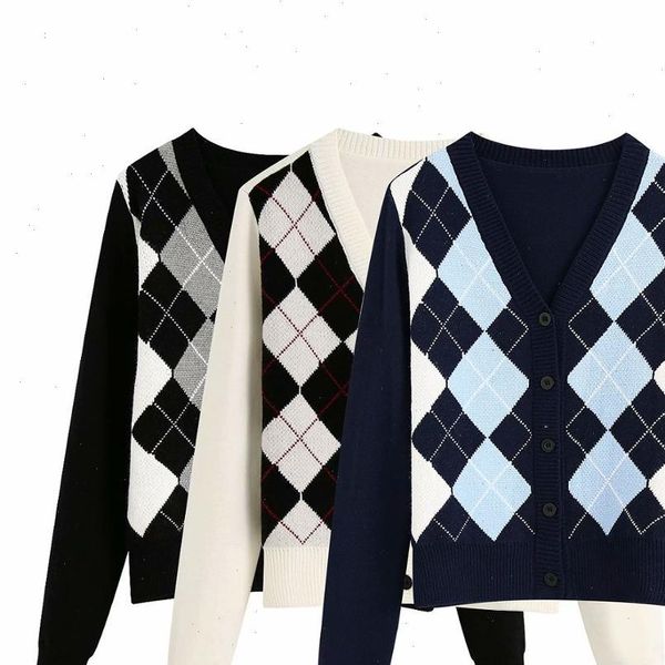 

2021 new women sweater black white blue plaid knitted v neck long sleeve sweater casual loose style female woman clothes, White;black
