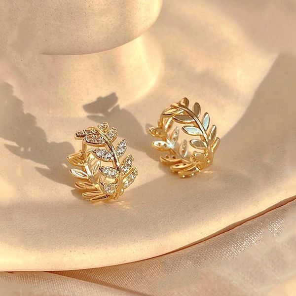 

hoop & huggie trendy charming 14k real gold plated leaves earrings for women girl temperament jewelry zircon birthday party gift, Golden;silver