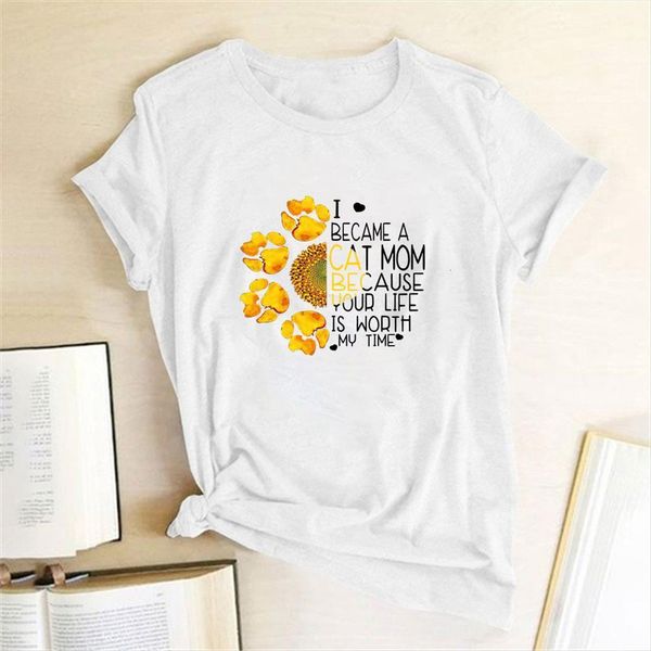 

i became a cat mom women t shirts sunflower paw printed clothes summer cute for teens graphic tees ropa, White