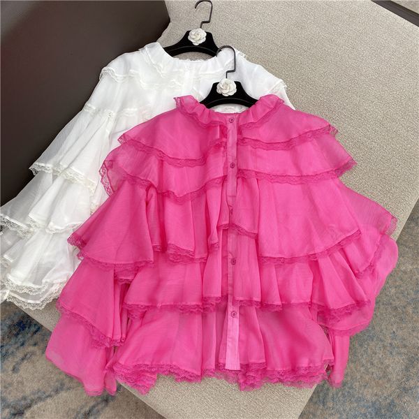 

2021 spring new arrival solid color long round collar thin cake mesh fashion women's fashions short hooh, White