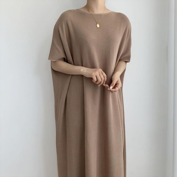 

summer casual oversized straight women dress long batwing sleeve round collar pullover solid color midi dresses, Black;gray