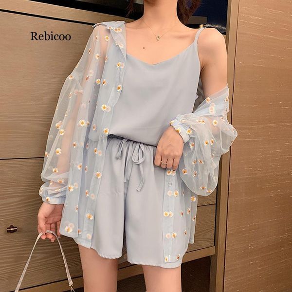 

women's tracksuits summer women 3 piece set casual + shorts mesh thin sunscreen female office suit, Gray