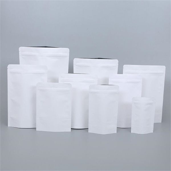 100 pz/lotto Stand Up Bianco Carta Kraft Foglio di Alluminio Sacchetto di Imballaggio Del Sacchetto Cibo Tè Spuntino Sacchetti Richiudibili Pacchetto di Stoccaggio