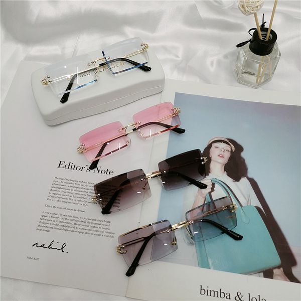 

designer sunglasses fashion women 2021 luxury brand rimless gradient square sun glasses shades clear pink and green, White;black