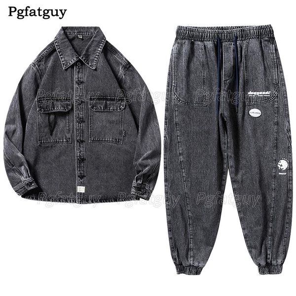 

men's tracksuits 2021 black gray sets autumn and winter fashion long sleeve denim jacket + loose jeans size -5xl 2pcs set streetwear