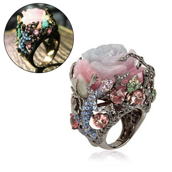 

cluster rings vintage black gold ring peony flower tree vine natural stone lizard handmade jewelry lady multi-color punk size 6-10, Golden;silver