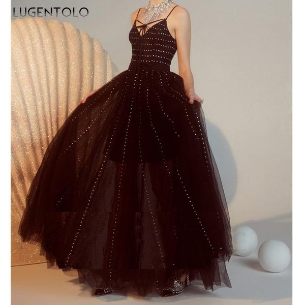 

lugentolo maxi dress women 2021 autumn winter diamonds fashion big swing spaghetti strap high waist puffy dress, Black;gray