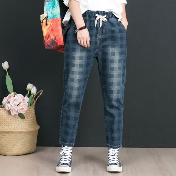 

autumn new arts style women elastic waist loose cotton denim harem pants vintage plaid casual jeans plus size d556 210202, Blue