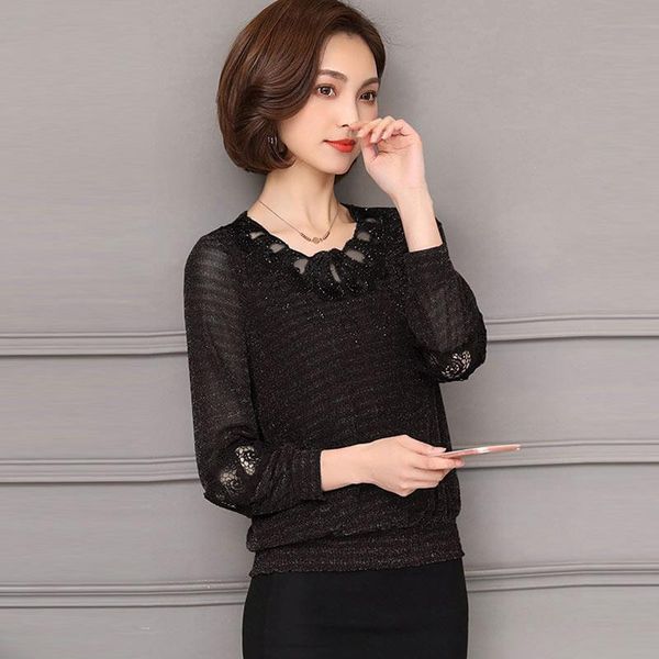 

women's blouses & shirts 2021 mesh plus size women clothing lace shirt hollow out basic female elegant long-sleeve 5xl, White