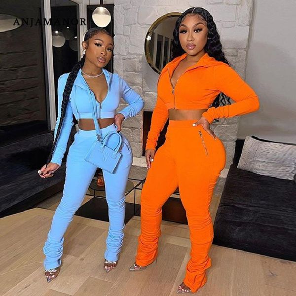 

women's two piece pants anjamanor sweatsuits set stacked sweatpants hoodie jacket winter track suit for women outfits pant suits d22-di, White