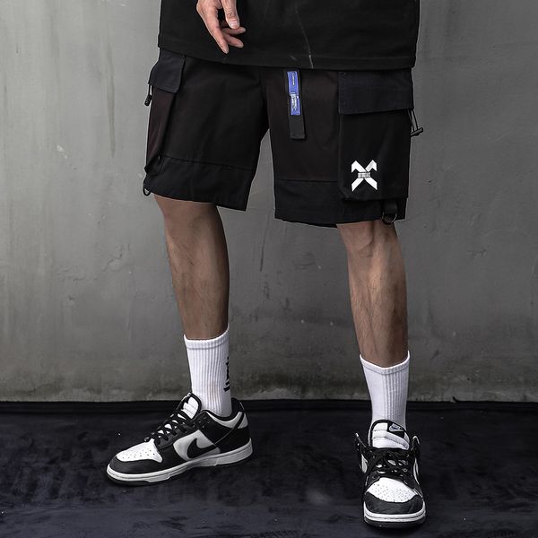 

black streetwear techwear cargo shorts for men, White;black