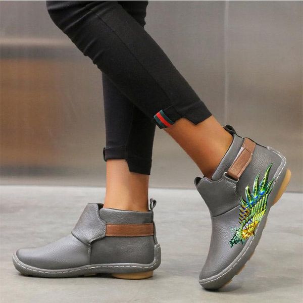 

boots women's ankle embroidery female animal prints winter flat hook loop short shoes ladies casual pu leather 2021 footwear, Black