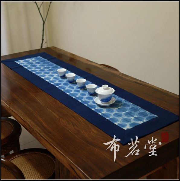 

scarves bumingtang hand-tie-dyed wavy tea mat with cotton and linen plants blue dyed, Blue;gray