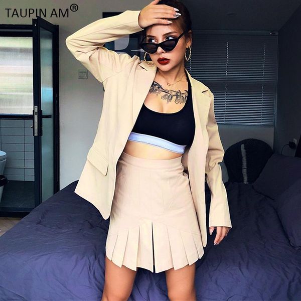 

two piece dress lady skirt suits women's sets blazer and mini pleated set outfits autumn 2021 casual matching, White