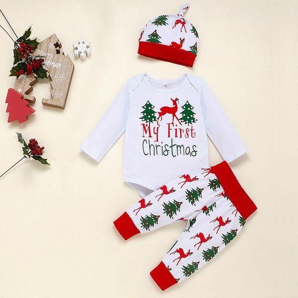 

clothing sets 3pcs christmas born baby boys girls clothes deer letter cartoon print bodysuits +pants +hat year costume children outfits, White