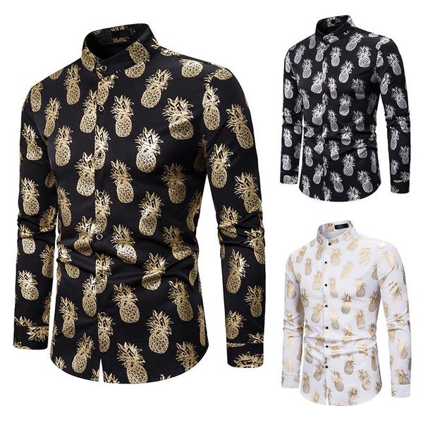 

men's casual shirts shirt long sleeve stand collar bronzing cardigan with pineapple printing nightclub slim type, White;black