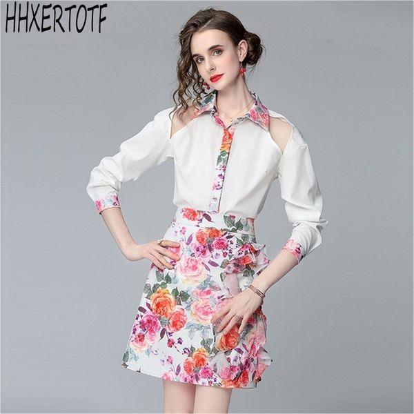 

summer fashion women korean style strapless shirt +ruffled printed skirt two-piece sets 210531, White