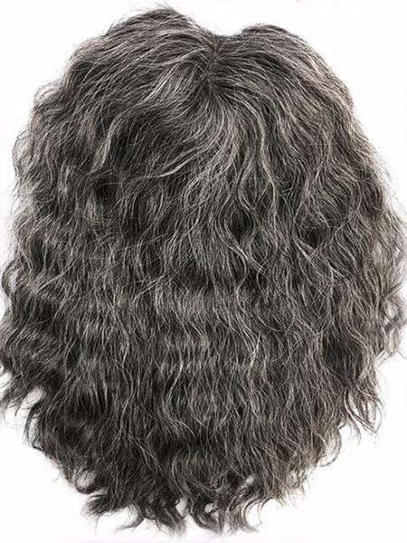 

14" 100% human hair women hair toupee hairpiece er body wave brazilian curl softly and silver ash dark brown highlights, Black;brown