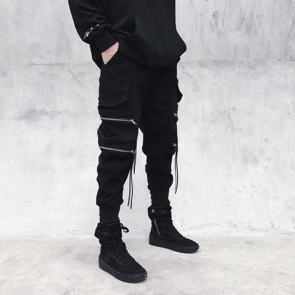 

men's pants men black cargo punk rave joggers jogging techwear autumn korean streetwear hip hop zipper ribbon