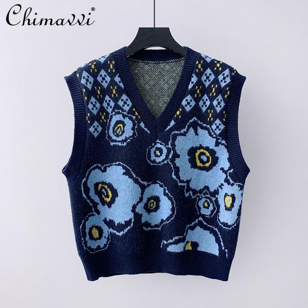 

women's vests vintage preppy style jacquard sweater vest women loose v-neck knitted waistcoat floral pattern all-match coat, Black;white