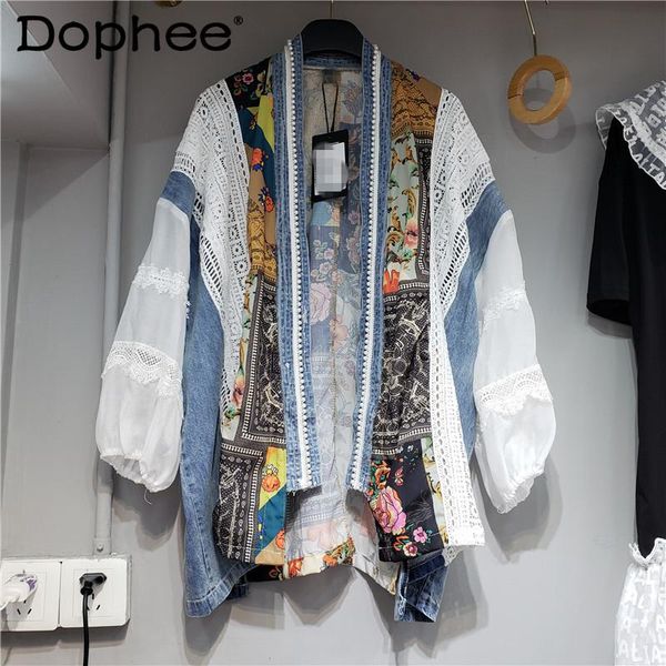 

women's jackets 2021 spring summer lace hollow denim stitching printed shirt hong kong style vintage national cardigan coat for women, Black;brown