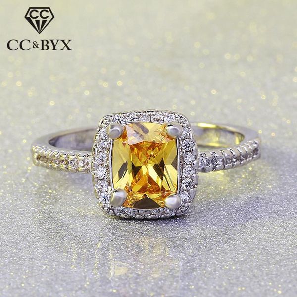 

cluster rings for women silver 925 wedding engagement bridal jewelry cubic zirconia rectangle yellow stone ring accessories 594, Golden;silver