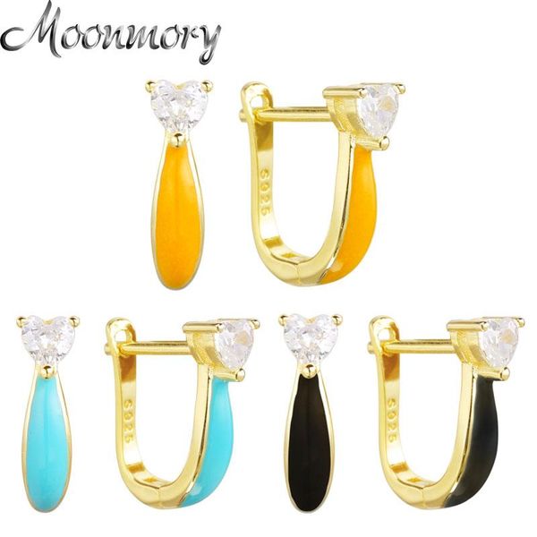 

hoop & huggie moonmory 100% 925 sterling silver heart crystal zircon huggies earrings for women european colorful enamel gold jewelry, Golden;silver