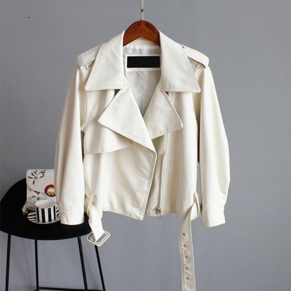 

women's leather & faux motorcycle jacket women streetwear loose coat spring autumn ladies turn down collar with belt biker, Black