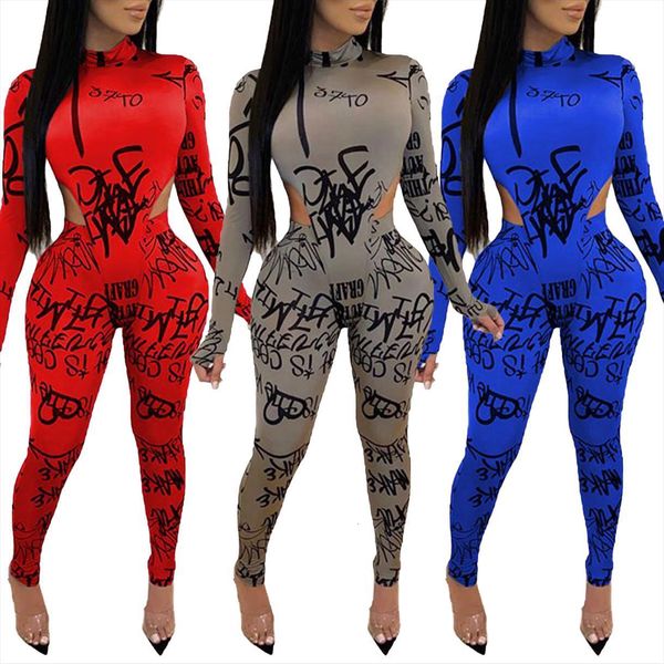 

vrouwen brief gedrukt pak herfst womens tracksuits mode toevallige slanke lange mouwen coltrui bodysuit broek set voor sport stijl, Gray