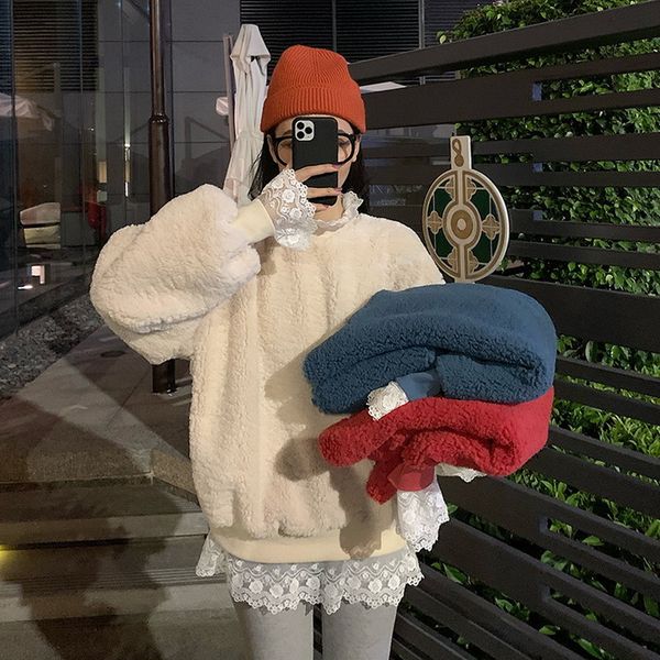 

2021 women autumn winter new fake two lace patchwork pullover sleeve oversized sweatshirt jm7w, Black