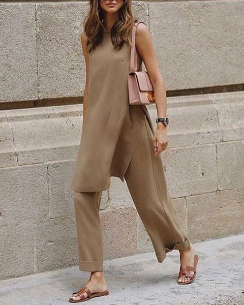 

women's two piece pants spring office ladies solid sets women elegant o neck blouse + loose long suit summer casual sleeveless, White
