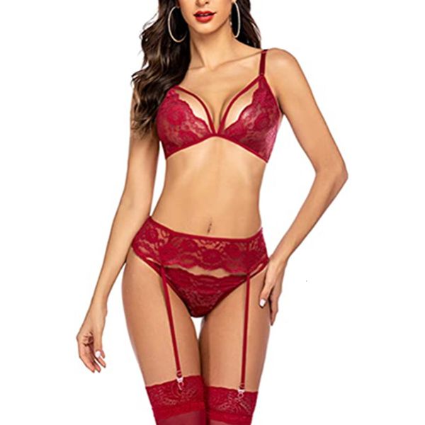 

hollow lace bra suit thin underwear garter thong three piece set, Red;black