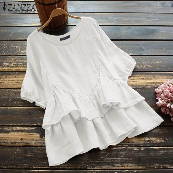 

women's blouses & shirts vintage summer short sleeve blouse women solid ruffle female flounce blusas oversize cotton tunic loose, White