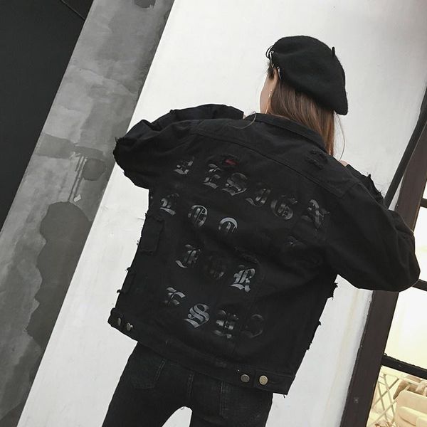 

women's jackets harajuka boy friend printing cargo hole ripped womens denim long sleeve single breasted lapel female outerwear coats, Black;brown