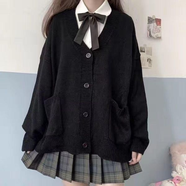 

clothing sets harajuku loose sweaters cardigan women solid oversize student preppy sweet girl cute knitwear all-match soft basic, White