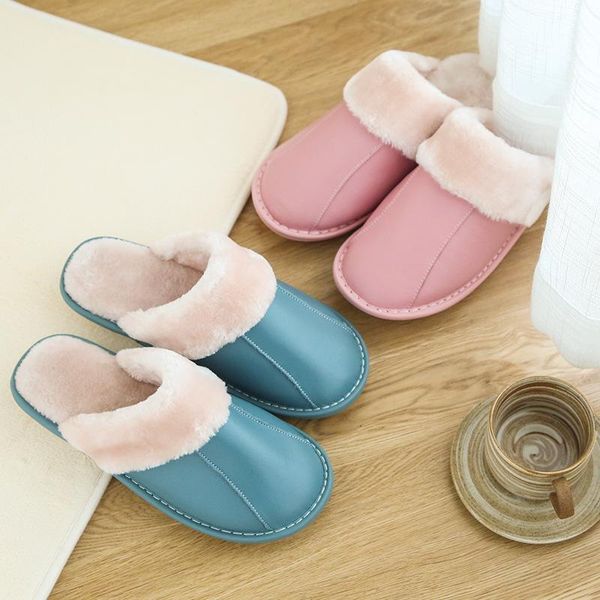 

slippers winter home plush warm cowhide women's indoor couples antiskid real leather cotton baotou, Black