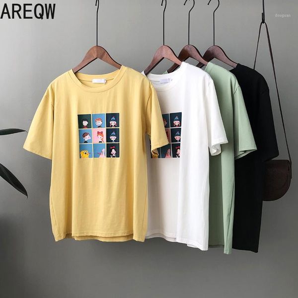 

women's t-shirt double short-sleeved 2021 spring korean version casual loose-fitting cartoon print round collar ins 1712, White