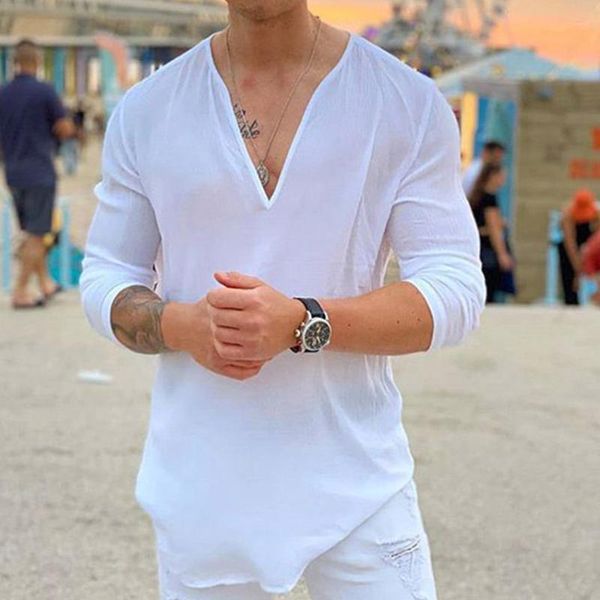

men's t-shirts harajuku large size tourism beach clothing thin t-shirt linen color personality v collar shirt, White;black