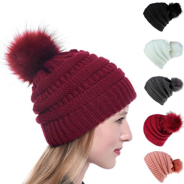 

knit slouchy beanie for women thick baggy hat faux fur pompom winter hat, Blue;gray