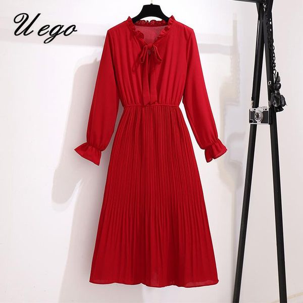 

casual dresses uego korea style sweet girl's ruffle bow chic pleated dress office lady ol work fashion women autumn spring, Black;gray