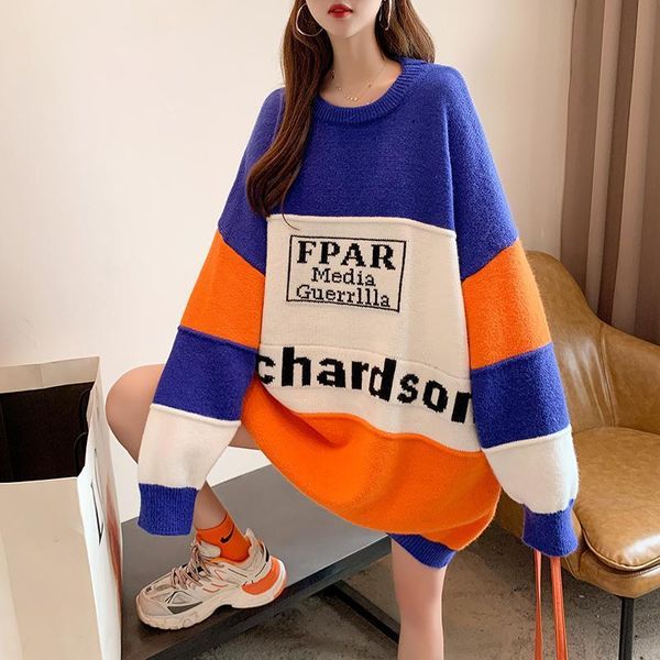 

women's sweaters dayifun oversize sweater woman letter print o-neck striped knit pullover korean baggy thick female, White;black
