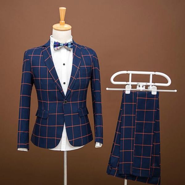 

mens pgraphy korean slim suit dark blue plaid men's costumes slim suit for men host clothing, White;black
