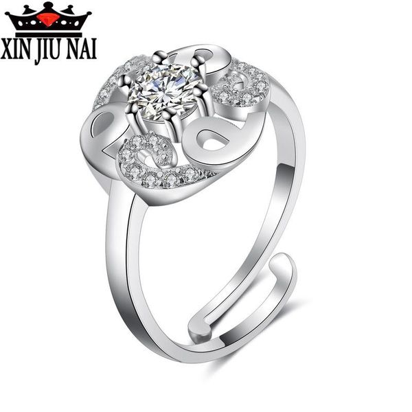 

cluster rings sterling silver six-claw mosaic single-drill flower shape movable opening adjustable women's ring natural stone jewelry, Golden;silver