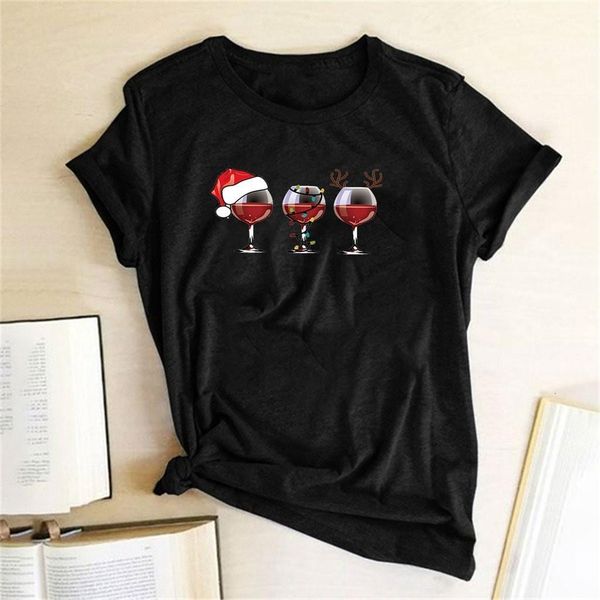 

wine glass printed short t shirt women christmas pattern o-neck short sleeve t-shirt ropa de mujer casual ladies clothes camiset, White